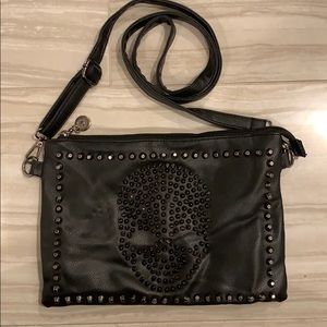 Black leather studded skull bag
